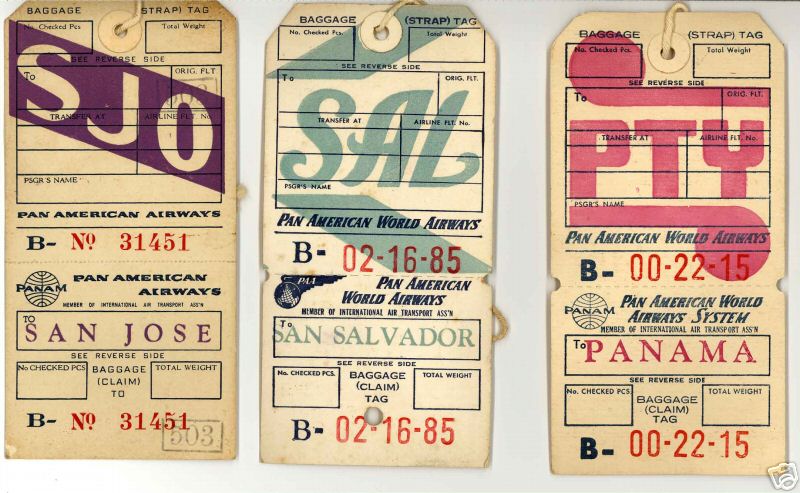A group of 1950s Pan Am baggage tags for destinations, San Jose, Costa Rica, San Salvador, El Salvador, Panama City, Panama.